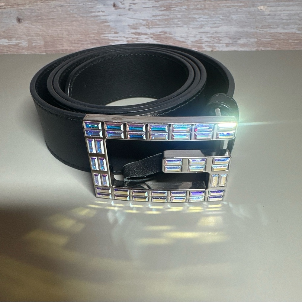 Gorgeous Gucci Black Leather Belt with Iridescent Crystal Buckle. - Picture 6 of 11
